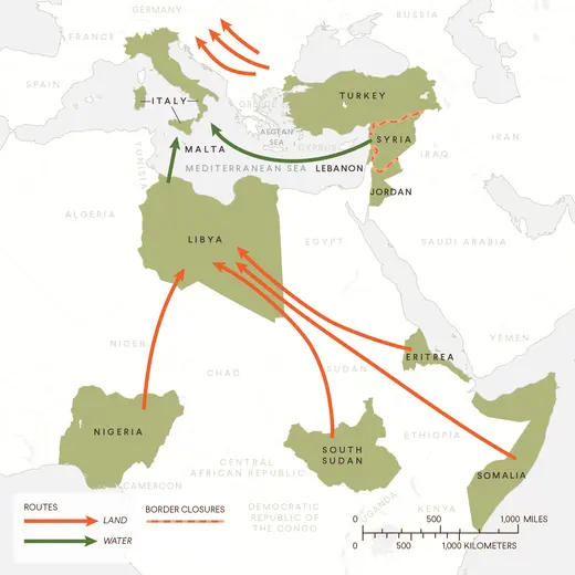 Map depicts land and sea migration routes from Syria and North Africa toward Europe, with border closures in Turkey, Lebanon, and Jordan.