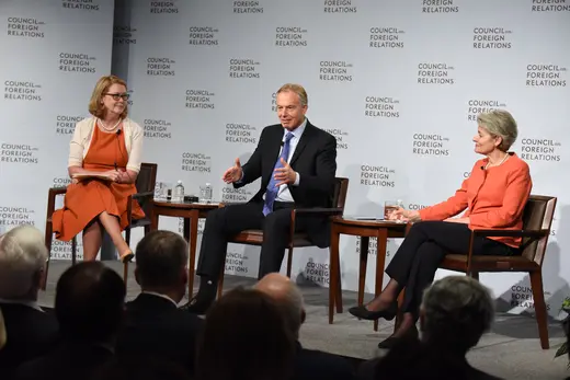 Former British Prime Minister Tony Blair discusses education and extremism with UN Educational, Scientific, and Cultural Organization Director General Irina Bokova.