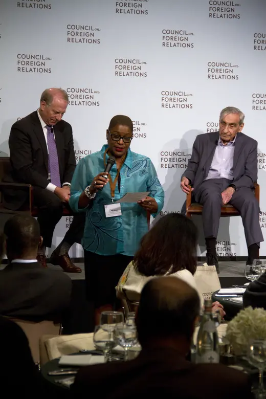 United Church of Christ’s Minister for Racial Justice Velda Love (middle) delivers a blessing at the Religion in Foreign Policy Workshop before a conversation with Richard N. Haass and Professor Emeritus at the Institute for Advanced Study Michael Walzer.
