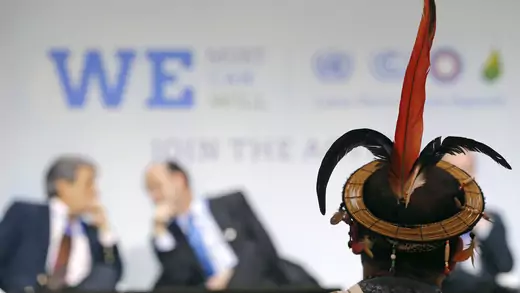 A representative of indigenous Peruvian people attends the World Climate Change Conference 2015 in Le Bourget, France, on December 1, 2015.