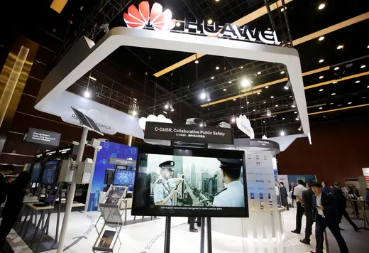 The Huawei booth shows its public safety solution at an exhibition during the 86th INTERPOL General Assembly at Beijing National Convention Center in Beijing, China September 27, 2017.