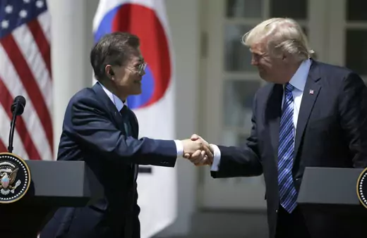 President Donald J. Trump greets South Korean President Moon Jae-in prior to delivering a joint statement from the White House's Rose Garden, on June 30, 2017. (Jim Bourg/Reuters)