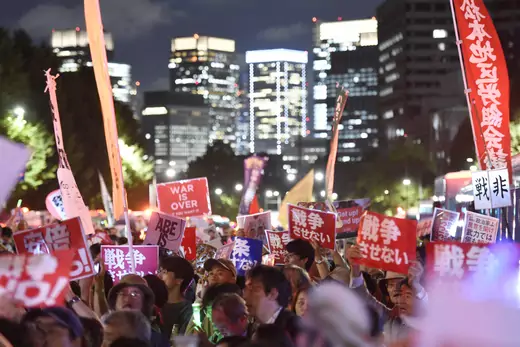 Protesters gather at a rally against Japan's Prime Minister Shinzo Abe's security bill and his administration in front of the parliament building in Tokyo on September 14, 2015.