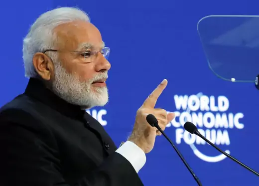 India's Prime Minister Narendra Modi gestures as he speaks at the Opening Plenary during the World Economic Forum (WEF) annual meeting in Davos, Switzerland, January 23, 2018.