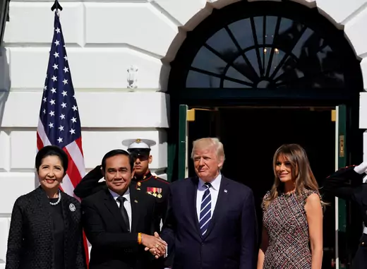 U.S. President Donald Trump and U.S. first lady Melania Trump greet Thai Prime Minister Prayut Chan-o-Cha and his wife Naraporn Chan-o-Cha at the White House in Washington, U.S., October 2, 2017. 