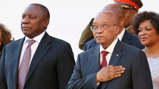 South African Deputy President Cyril Ramaphosa (left) and President Jacob Zuma stand at the opening of Parliament in Cape Town.
