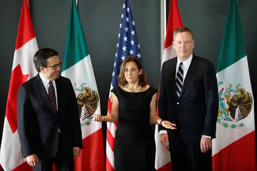 Canada's Foreign Minister Chrystia Freeland speaks before the start of a trilateral meeting with Mexico's Economy Minister Ildefonso Guajardo and U.S. Trade Representative Robert Lighthizer.