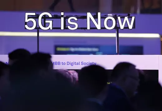 A 5G logo is displayed at the Mobile World Congress in Barcelona