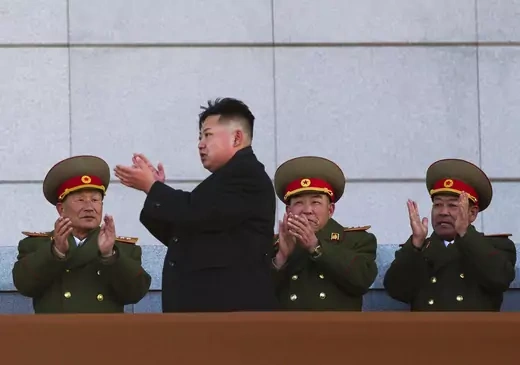 North Korean leaders attend a parade honoring the seventieth birthday of the recently deceased Kim Jong-il. 