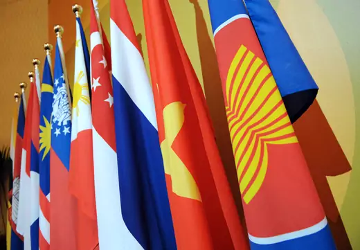 The Association of Southeast Asian Nations flag leads the flags of the ten-member countries during the ASEAN Regional Forum meeting in 2008. Reuters/Romeo Gacad