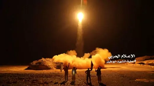 A photo distributed by the Houthi Military Media Unit shows the launch by Houthi forces of a ballistic missile aimed at Saudi Arabia March 25, 2018.