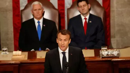 French President Emmanuel Macron addresses a joint meeting of Congress at the U.S. Capitol in Washington, U.S. on April 25, 2018. 