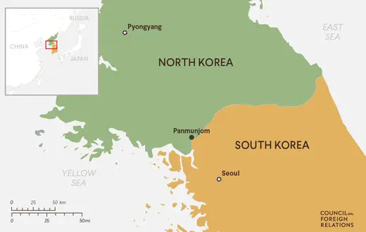 A map locating the truce village of Panmunjom, along the border of North and South Korea. 