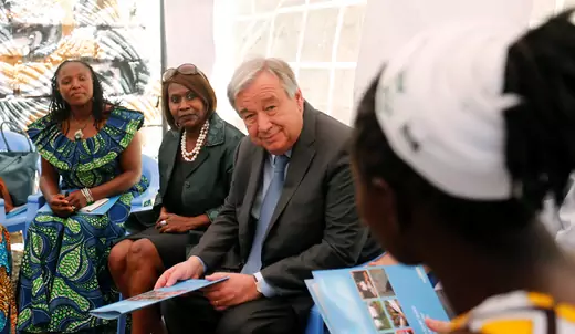 U.N. Secretary general Antonio Guterres listens to women leaders in Kenya.