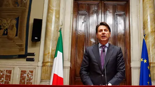 Italy's Prime Minister Giuseppe Conte speaks to the media in Rome