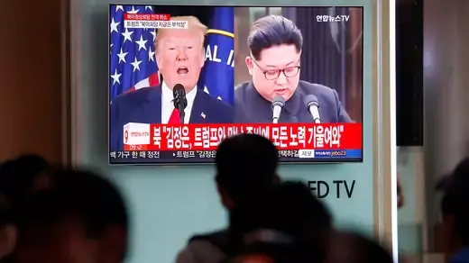 A TV displays a news report on a canceled summit between the United States and North Korea, in Seoul, South Korea, May 25, 2018.