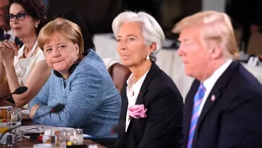German Chancellor Angela Merkel looks towards U.S. President Donald J. Trump on the second day of the G7 summit on June 9, 2018 in Quebec City, Canada. 