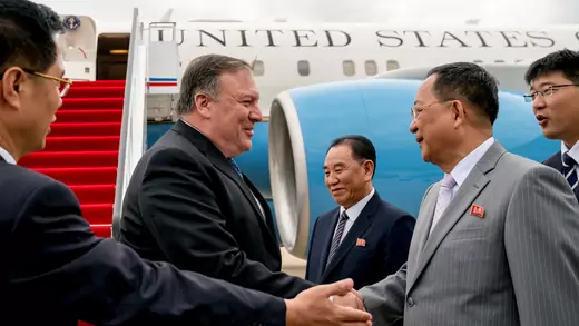 U.S. Secretary of State Mike Pompeo shakes hands with North Korean Foreign Minister Ri Yong Ho as he arrives in Pyongyang on July 6. Reuters/Andrew Harnik/Pool