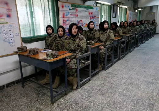 Female soldiers from the Afghan National Army during a lesson at the Kabul Military Training Centre in Kabul, Afghanistan. October 23, 2016. 