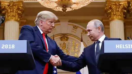 U.S. President Donald Trump and Russian president Vladimir Putin shake hands meeting in Helsinki, Finland