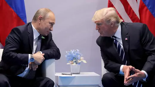 Russian President Vladimir Putin talks to U.S. President Donald J. Trump during their bilateral meeting at the G20 summit in Hamburg, Germany.