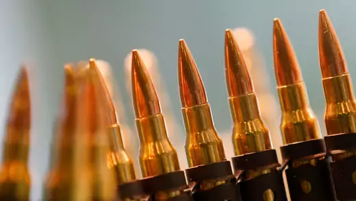 Bullets are displayed at the Defense and Security International Exhibition trade show for the defense industry in Latin America. 