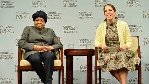 President of American University and Council Board member Sylvia Mathews Burwell (right) speaks with former President of Liberia Ellen Johnson Sirleaf at the Darryl G. Behrman Lecture on Africa Policy.