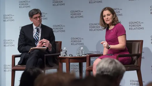 Former Secretary of the Treasury Jacob Lew speaks with Canadian Minister of Foreign Affairs Chrystia Freeland at “NAFTA and the Future of U.S.- Canada Relations.”