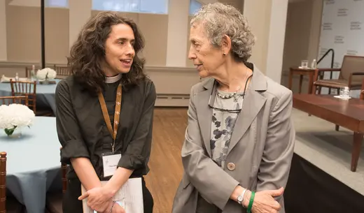 Executive Director of the Interfaith Center of New York Chloe Breyer and American Jewish World Service Global Ambassador Ruth W. Messinger converse at the Religion and Foreign Policy Workshop.