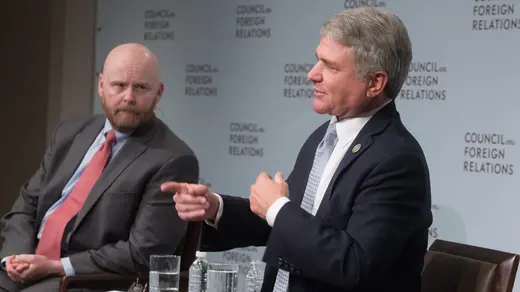 Senior Vice President, Director of Studies, and Maurice R. Greenberg Chair James M. Lindsay leads a discussion with Representative Michael McCaul (R-TX) at the International Affairs Fellowship Conference.