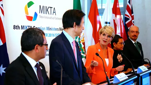 Australia's Foreign Minister Julie Bishop talks during a media conference after holding the 8th foreign minister's meeting known as MIKTA (Mexico, Indonesia, South Korea, Turkey and Australia) in Sydney, Australia.