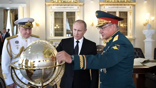 Vladimir Putin at Navy Day with Defense Minister and Admiral 