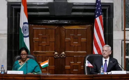 India's Defence Minister Nirmala Sitharaman (L) speaks as U.S. Defense Secretary Jim Mattis looks on during a joint news conference in New Delhi, India September 26, 2017.