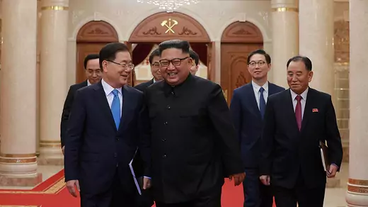 Chief of the national security office at Seoul's presidential Blue House Chung Eui-yong meets with North Korean leader Kim Jong-un in Pyongyang, North Korea September 5, 2018.