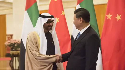 Sheikh Mohammed bin Zayed al-Nahyan (L), Crown Prince of Abu Dhabi and UAE's deputy commander-in-chief of the armed forces shakes hands with Chinese President Xi Jinping (R) at the Great Hall of the People, Beijing, December 14, 2015