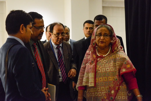 Bangladesh's Prime Minister Sheikh Hasina Wazed consults with her team during the United Nations General Assembly in New York City, U.S. September 18, 2017. 