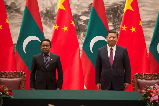 Maldives President Abdulla Yameen and China's President Xi Jinping attend a signing meeting at the Great Hall of the People in Beijing, China on December 7, 2017.