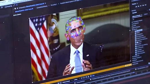 An image from a fake video of former President Barack Obama, demonstrating facial-mapping technology.