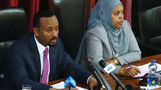 Ethiopia's Prime Minister Abiy Ahmed, and Muferiat Kamil, newly-named Minister of Peace, address members of parliament.