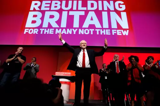 Britain's Labour Party leader Jeremy Corbyn acknowledges the audience's applause after he delivered his keynote speech at the Labour Party Conference.