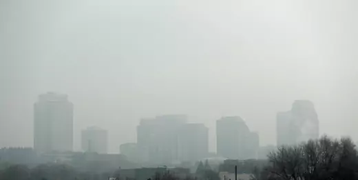 Tall buildings are shrouded in smog in downtown Salt Lake City