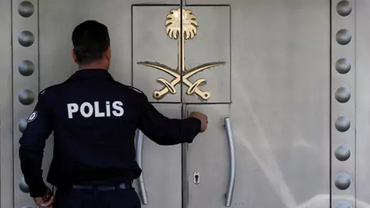 A Turkish police officer who stands guard at the Saudi Arabia's consulate is seen at the entrance, in Istanbul, Turkey October 10, 2018