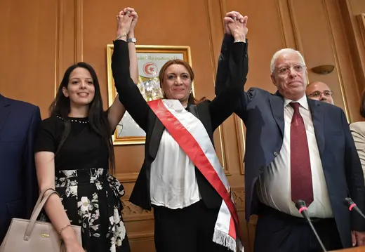 Souad Abderrahim celebrates after being elected mayor of Tunis, the capital of Tunisia.