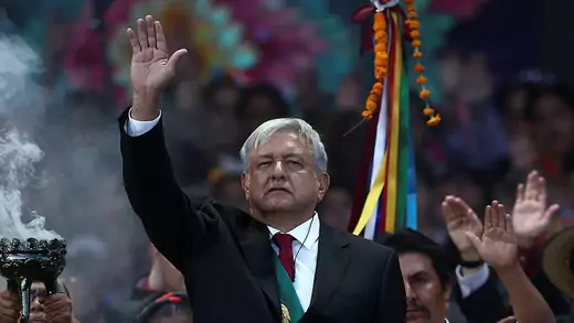 Mexico's President Andres Manuel Lopez Obrador takes part in an indigenous ceremony during the AMLO Fest at Zocalo square in Mexico City, Mexico. 