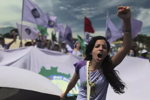 A woman protests violence against women, at the close of the National Meeting of Rural Women, in Brasilia February 21, 2013. 