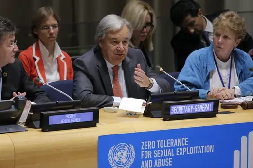 UN Secretary-General Antonio Guterres speaks during a high-level meeting on the prevention of sexual exploitation and abuse, before the 72nd UN General Assembly in New York, United States. September 18, 2017.
