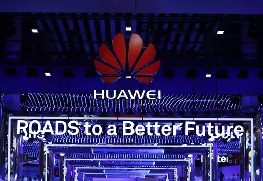 The Huawei stand is seen during the Mobile World Congress in Barcelona.