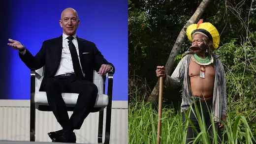 Amazon founder Jeff Bezos and Amazonian Chief Raoni Metuktire of the Kayapo tribe.