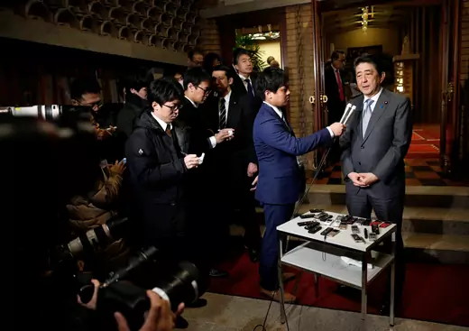 Prime Minister Shinzo Abe speaks to press in Tokyo about the U.S.-North Korea summit, on February 28.