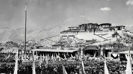 Thousands protest the Chinese occupation of Tibet in front of the Dalai Lama’s palace.